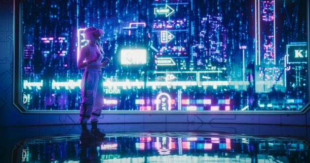 istock Extravagant Gamer Girl Wearing a Virtual Reality Headset and Using Controllers in a Futuristic Neon Room with Cyberpunk Cityscape. Cosplay Female Exploring VR Metaverse, Playing Video Game Online 1522195334