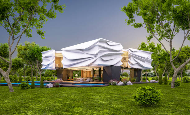 istock 3d rendering of modern house with bionic natural curves plastic forms in evening 1522206798