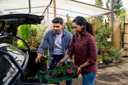Happy Latin American couple shopping at a garden center and loading plants in their car