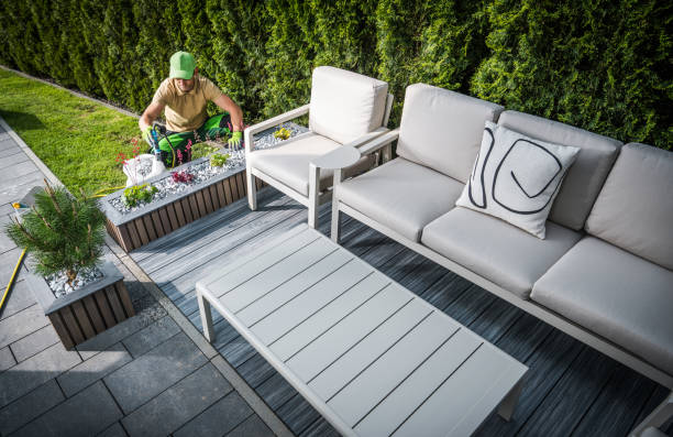 Professional Gardener Taking Care of Planters with Ornamental Plants and Flowers Around Lounge Area at Modern Backyard Garden.