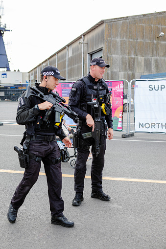 Hartlepool UK 07/06/2023\nTall Ships Race event \nTall Ships Race event . Armed police at the Tall Ships event carrying weapons.