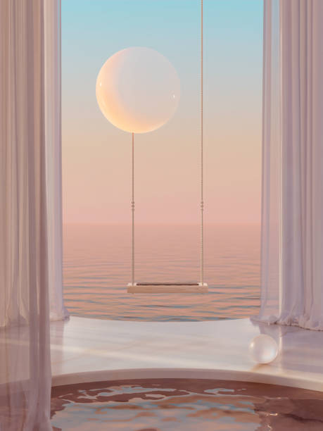 Empty swing on poolside with moon over the ocean 3d renders of an empty swing with one string tired to the moon in the sky. Computer graphics of swing with moon over ocean at dusk. pool gate stock pictures, royalty-free photos & images