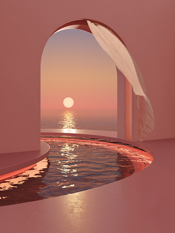 Digitally generated image of sunset view over the sea from an archway on the poolside. Computer graphics of beautiful beach sunset view from the pool deck of a virtual space.