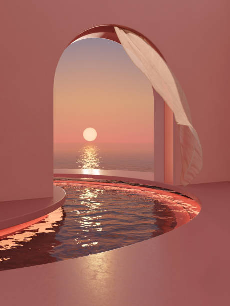 Sunset view over the sea from the archway on the poolside Digitally generated image of sunset view over the sea from an archway on the poolside. Computer graphics of beautiful beach sunset view from the pool deck of a virtual space. pool gate stock pictures, royalty-free photos & images
