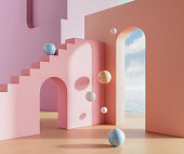 3d rendering of colourful walls with steps and geometric shapes