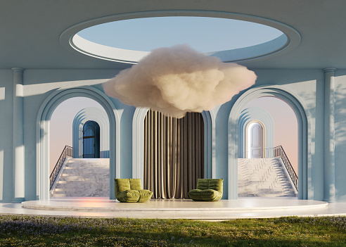 Luxury 3d lounge room with green sofas and a cloud. Computer graphics of large lounge space with  two archways leading to steps.