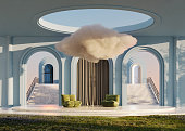 Luxury 3d lounge room with green sofas and a cloud