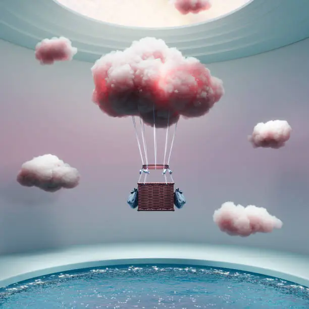 Computer graphics of a cloud hot air balloon over a swimming pool. Digitally generated image of creative cloud hot air balloon fly over indoor pool.
