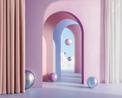 Computer graphics of colourful archway with shiny spherical objects. Abstract design of a virtual space with colorful archways and different types of balls.