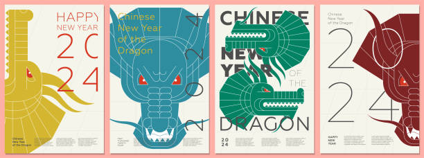 추상적인 중국 용들이 2024년 새해 복 많이 받으세요 포스터에 머리를 얹고 있습니다. 전단지에 색칠된 창의적인 중국 조디악 드래곤 몬스터 얼굴. 그래픽 아시아 축하 화려한 인쇄물입니다. 현� - oriental dragon stock illustrations