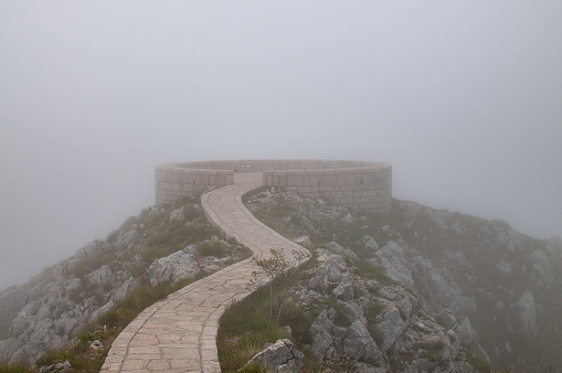 Observation deck on Mount Lovcen in the fog