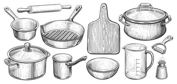 Vector illustration of Kitchen utensils set in vintage engraving style. Cooking concept. Sketch vector illustration