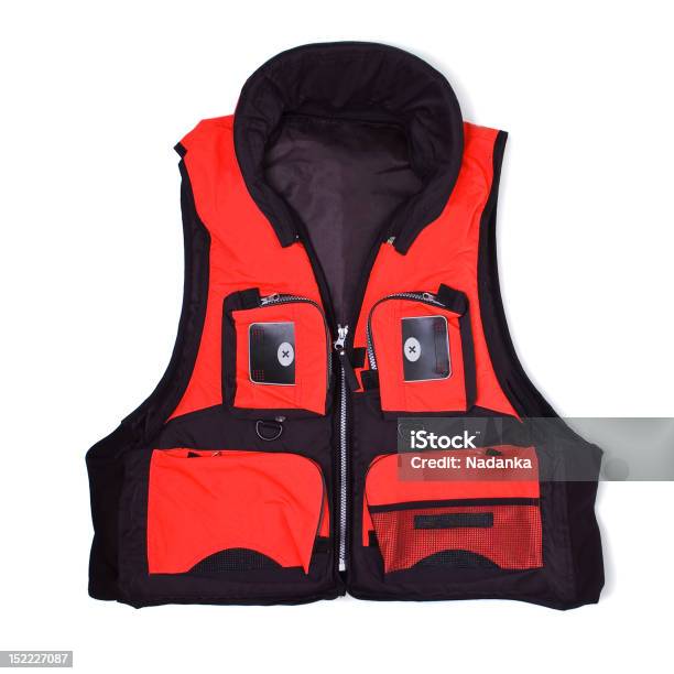 Chaqueta De Vida De Los Pescadores Con Bolsillos Foto de stock y más banco de imágenes de Chaleco salvavidas - Chaleco salvavidas, Fondo blanco, Artículo de emergencia