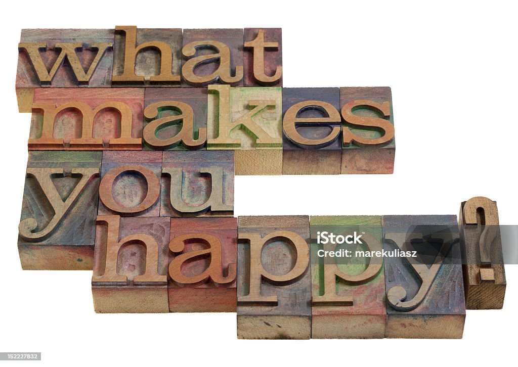 What makes you happy? What makes you happy - a question spelled in vintage wooden letterpress printing blocks, isolated on white Admiration Stock Photo