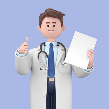 3D illustration of Male Doctor Lincoln holding placard with thumb up, Medical presentation clip art isolated on blue background