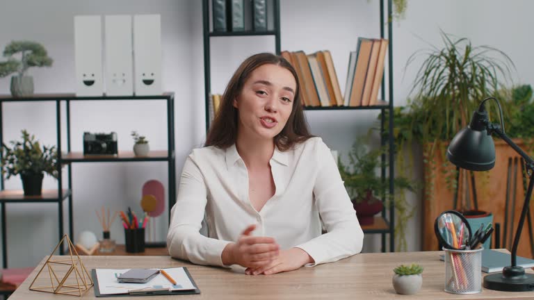 Businesswoman working on laptop at office talk on online communication video call with employee boss