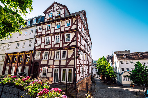 Medieval city centre, old timber-framed houses, Marburg, Germany