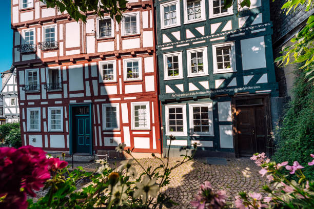 Monschau, Germany - May 16, 2024: Historic buildings of Monschau on May 16, 2024 in North Rhine Westphalia, Germany