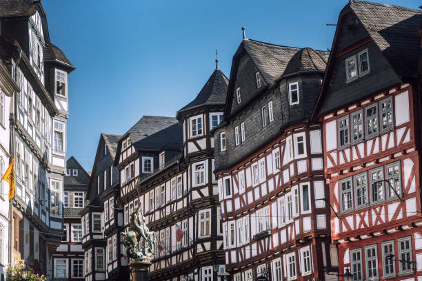 City steet with half-timbered architecture in Marburg, Germany