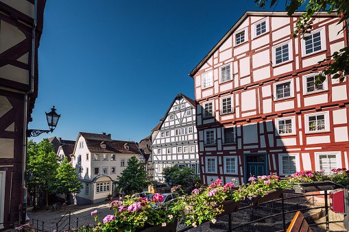 Medieval city centre, old timber-framed houses, Marburg, Germany