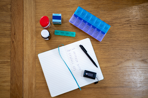 Overhead view of a pill box, medicine, notepad with pen and an electric pulse oximeter.