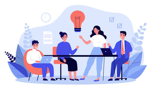 Business team working together Business team working together, brainstorming, discussing ideas for project. People meeting at desk in office. Vector illustration for co-working, teamwork, workspace concept conference table stock illustrations