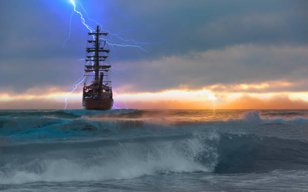 istock Sailing old ship in storm sea 1522345297