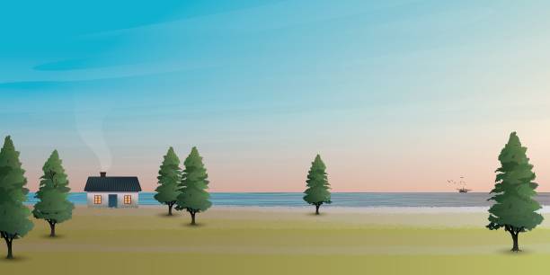 maleńki domek na trawiastym polu na skraju klifów ma łódź rybacką w morzu i dramatyczne niebo za ilustracją wektorową. koncepcja seascape z płaską przestrzenią pustą. - waters edge illustrations stock illustrations
