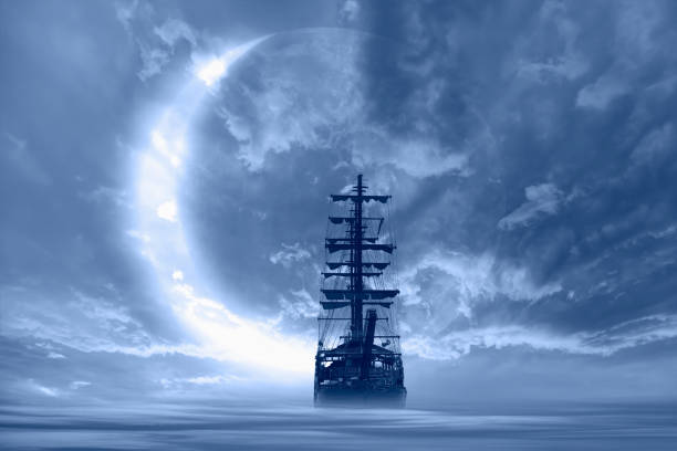 istock Sailing old ship in storm sea - Night sky with moon in the clouds 1522368316
