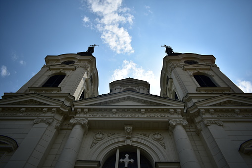 low angle church in Sremski Karlovci, Serbia and clouds