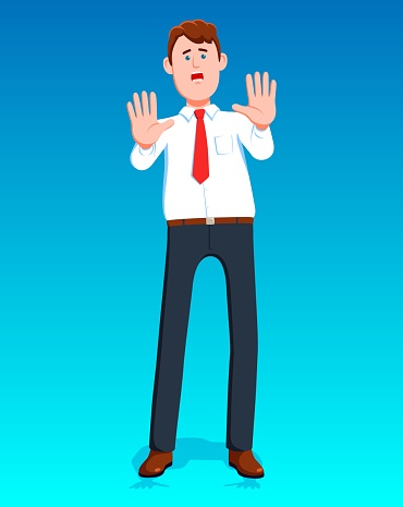 Businessman scared. Office worker frightened gesture with hands. Refusal. vector illustration