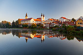Morning reflection of old town Telc, Southern Moravia, Czech Republic