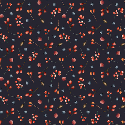 Dark purple forest berries watercolor seamless pattern with blueberry, rowan and seeds. Hand drawn stylish background for autumn and winter fabrics designs.