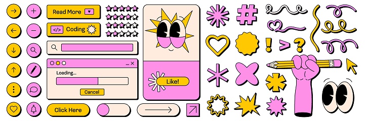 User interface in retro neobrutalism style. Elements for UI UX design. Naive palayful shapes and face. Vector illustrations.