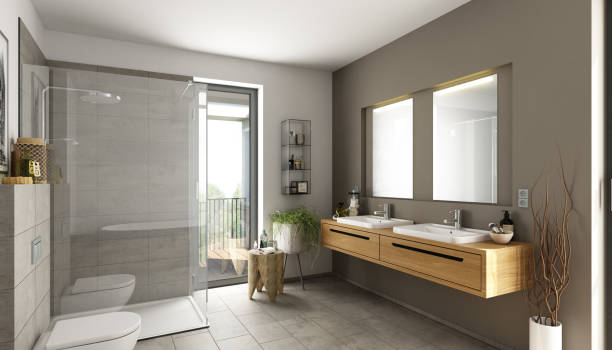 istock Modern bathroom with beige tiles 1522420778