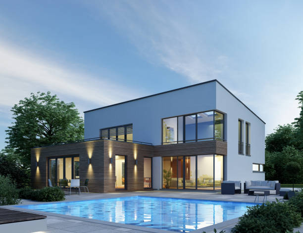 istock Modern cubic house with pool in the evening 1522420823