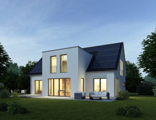 istock Modern house with a cubic extension in the evening 1522420845