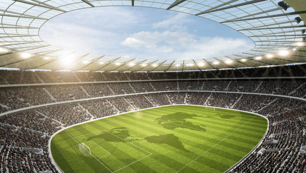 istock Soccer stadium with a worldmap on the playing field 1522420847