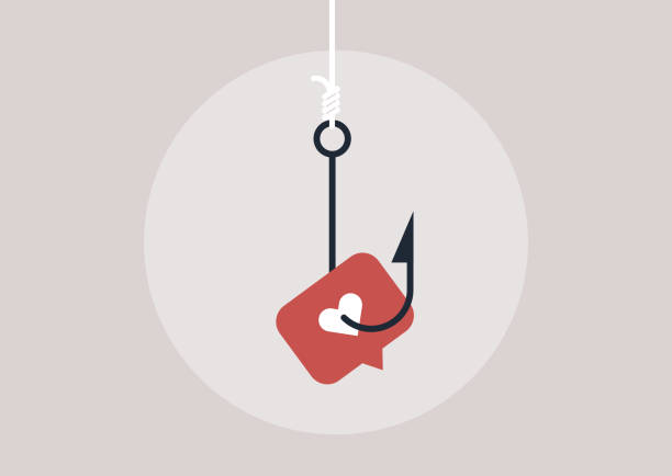 illustrazioni stock, clip art, cartoni animati e icone di tendenza di un'icona simile appesa a un amo da pesca, manipolazioni pericolose nelle relazioni, dipendenza dai social media - catch of fish illustrations