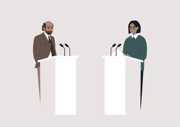 Vector illustration of A public discussion, two opponent candidates standing on stage opposite of each other, freedom of speech