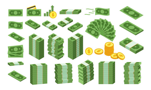stockillustraties, clipart, cartoons en iconen met big set various kinds of money clipart vector design illustration. simple packing, piles, fan shape green money banknote dollar bill, and yellow golden coins flat icon cartoon style. finance concept - papiergeld
