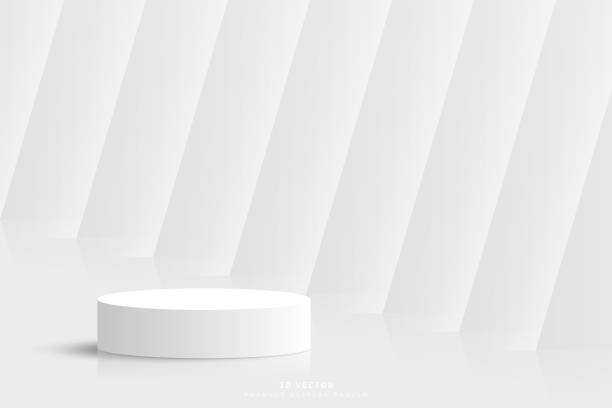 istock Modern minimal background with white 3d cylinder podium pedestal realistic and glowing light corridor interior background. 3d vector geometric platform design. stage for showcase. Scene for mockup. 1522459950
