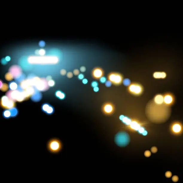 Vector illustration of Blurred defocused traffic lights on a wet rainy road. Vector background of the night city.