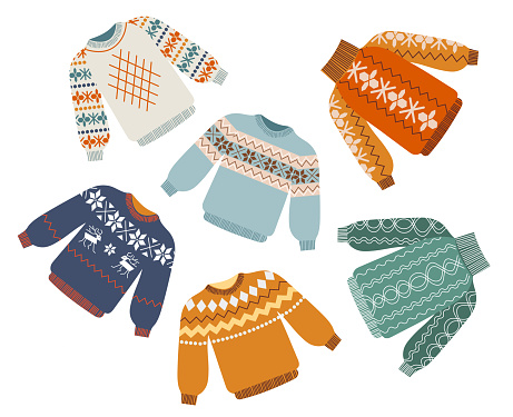 Handdrawn vector illustrations of warm winter and autumn woolen sweaters . Trendy flat design elements of winter clothes. Vector illustration