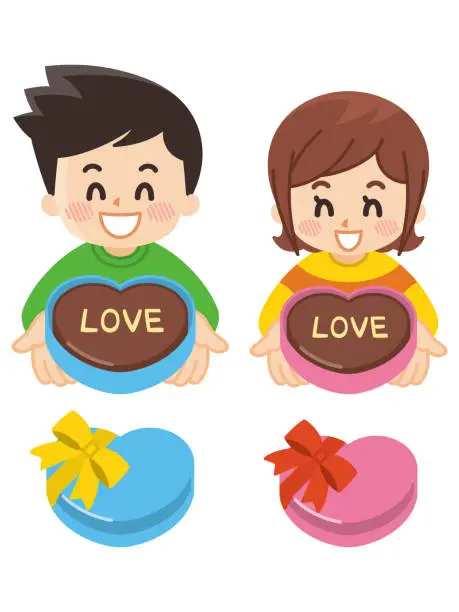 Vector illustration of Valentine's Day. White Day. A young man handing over chocolate.