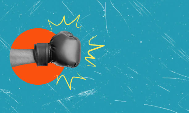 Creative image of a hand in boxing gloves on a blue background. The concept of inspiration, creativity, and sports. Art collage.