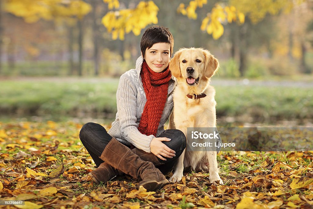 Woman posing with her Labrador retriever on a fall day A beautiful woman and his dog (Labrador retriever) posing outside Autumn Stock Photo