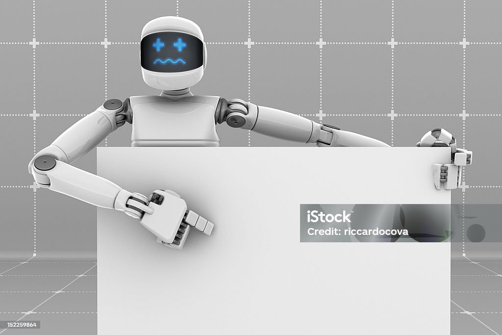 Preocupado futurista Robô segurando e apontando para um sinal de. - Royalty-free Afixar Cartaz Foto de stock