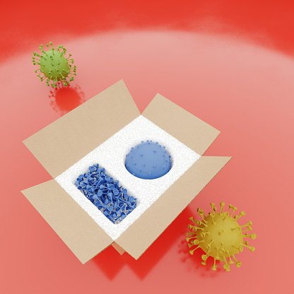 A CGI image showcasing a box containing a plastic model of a virion, symbolizing viruses. The image aims to be ironic about COVID-19 and viruses in general.