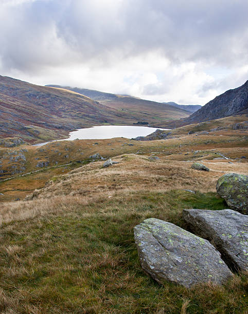 View of a lake in Snowdonia. stock photo
